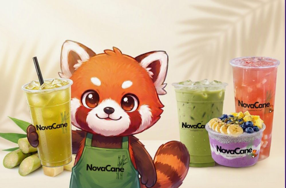 NovaCane's red panda mascot in a green NovaCane apron, standing between a cup of fresh sugarcane juice with raw cane stalks, an iced matcha, an ube açaí bowl topped with banana and blueberries, and a pink fruit drink.