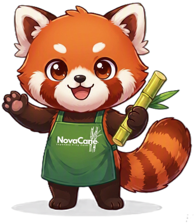 NovaCane's red panda mascot in a green apron, waving and holding a stick of sugarcane.