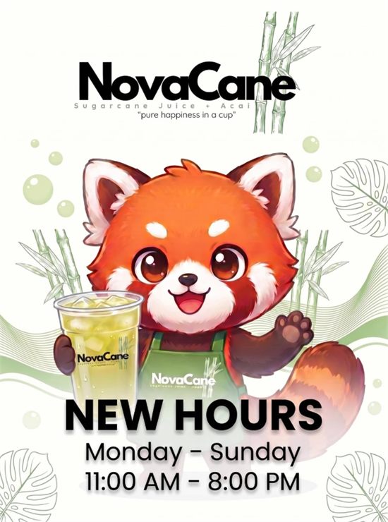 NovaCane's red panda mascot in a green apron, holding a cup of sugarcane juice among bamboo.